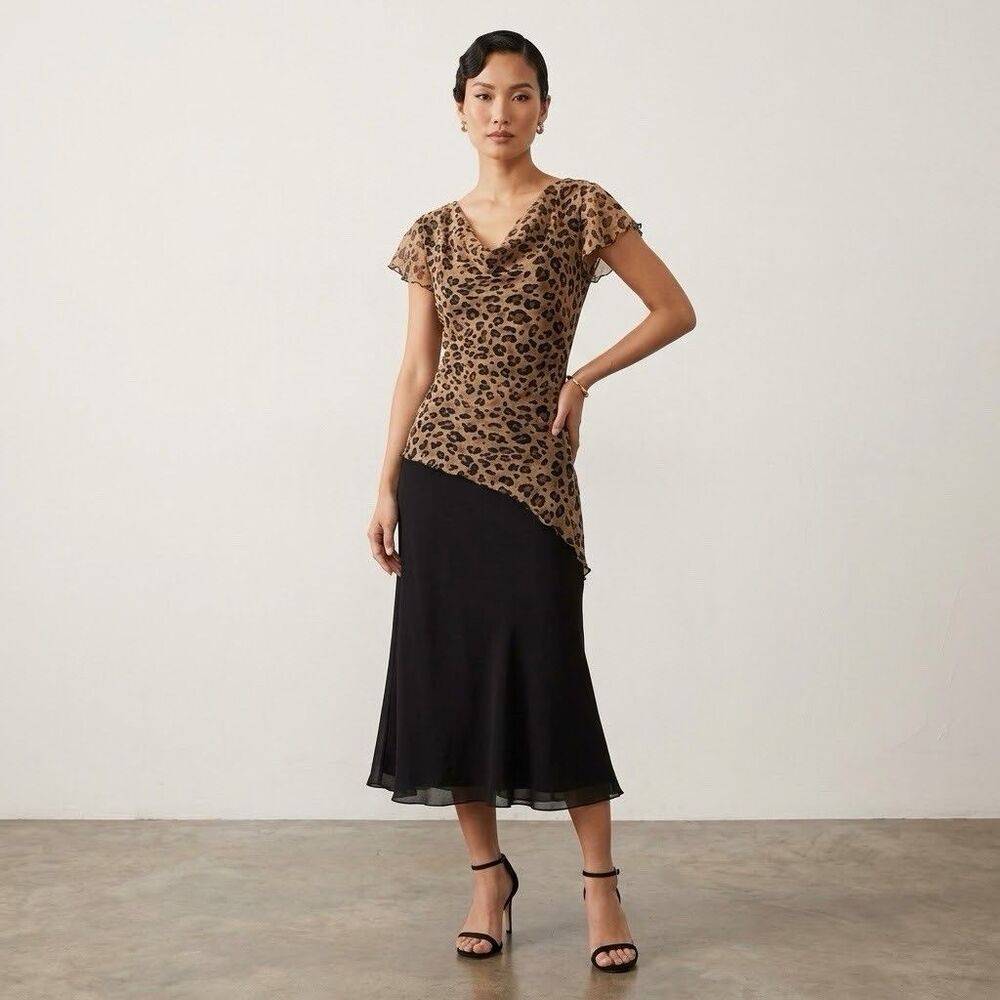 VTG Los Angeles Gal Leopard Chiffon Asymmetric Midi Dress Y2K Whimsygoth 6